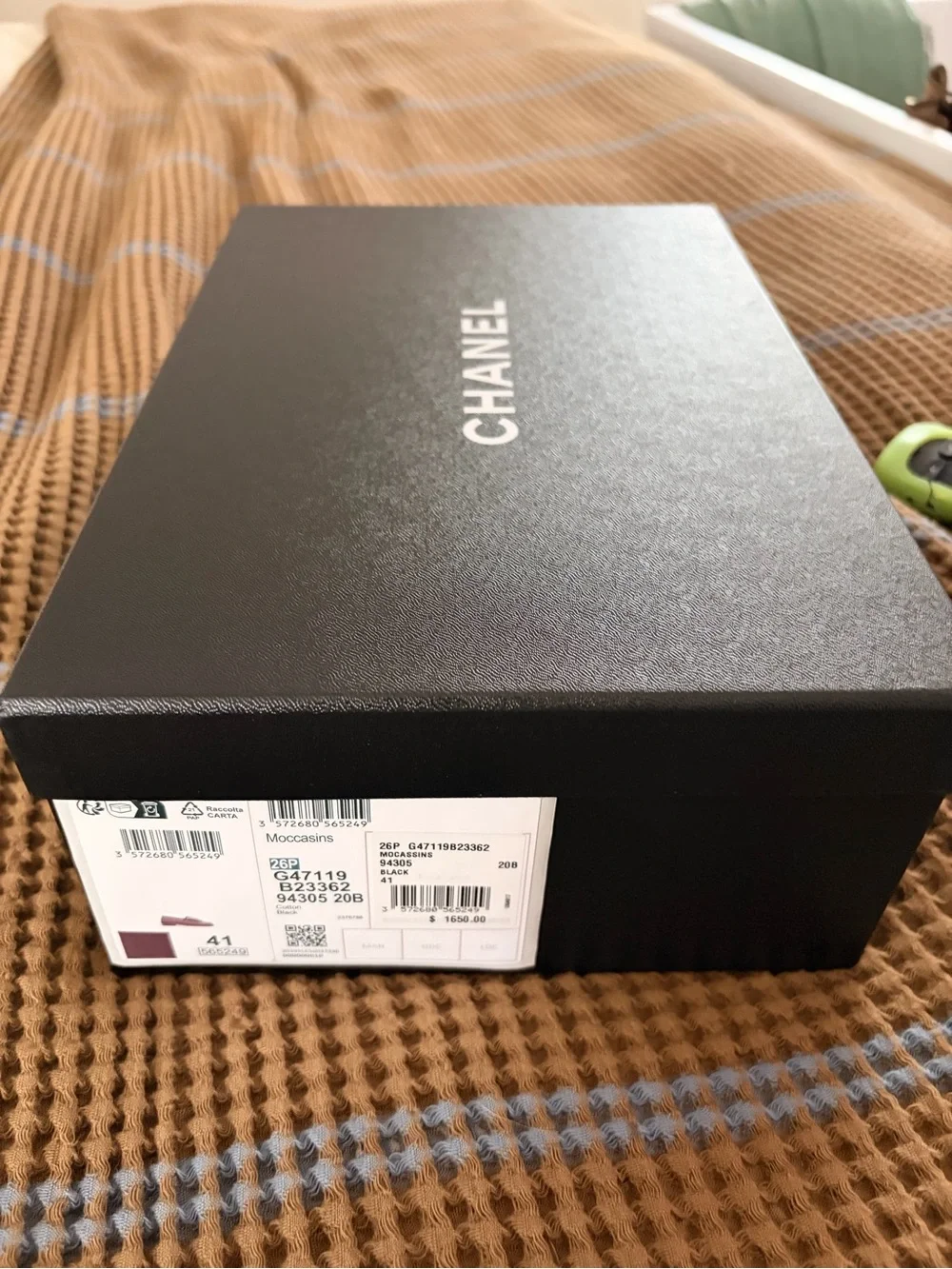 CHANEL Charcoal Quilted Canvas Loafers with Gold CC Chain